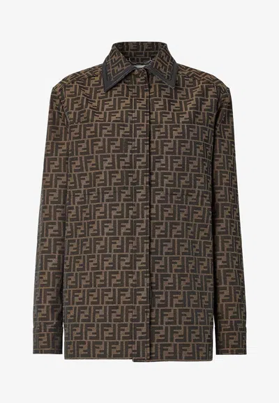 Fendi Ff Silk Jacquard Oversized Shirt In Brown