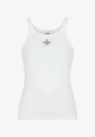 Fendi Women White Ribbed Tank Top With Contrasting Logo Embroidery In Stretch Cotton Woman