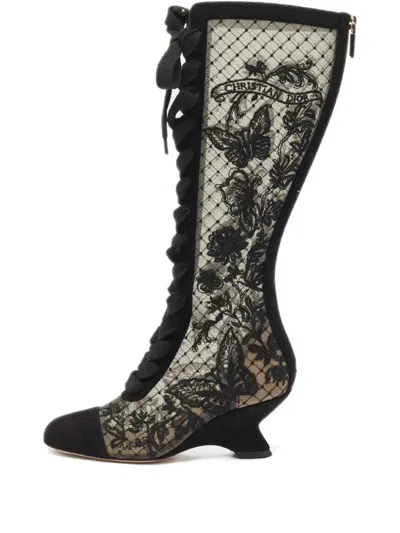 Pre-owned Dior Naughtily Embroidered-detail Suede Boots In Black