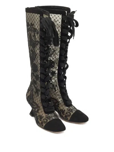 Pre-owned Dior Naughtily Embroidered-detail Suede Boots In Black