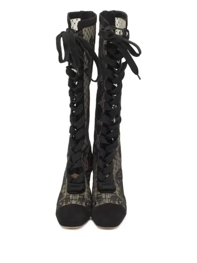Pre-owned Dior Naughtily Embroidered-detail Suede Boots In Black