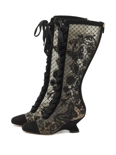 Pre-owned Dior Naughtily Embroidered-detail Suede Boots In Black