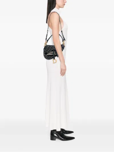 Pre-owned Dior 2020 Oblique Embroidered Velvet Saddle Bag Shoulder Bag In Blue