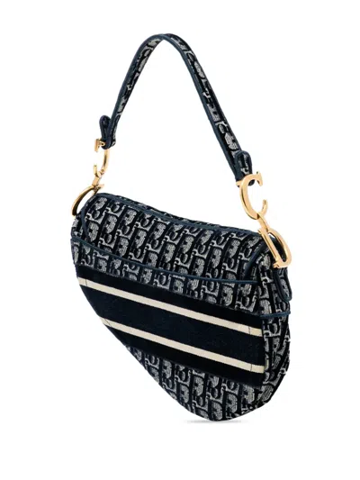 Pre-owned Dior 2020 Oblique Embroidered Velvet Saddle Bag Shoulder Bag In Blue