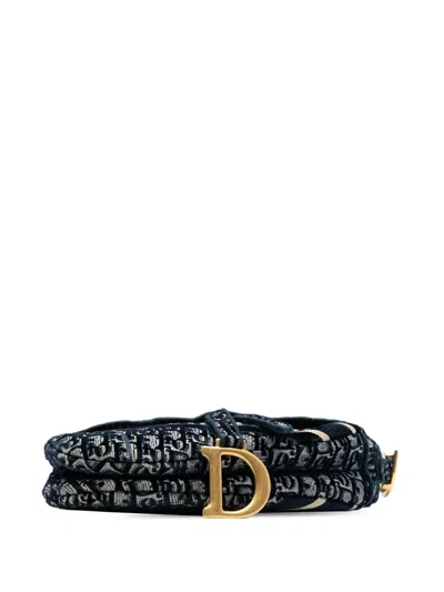Pre-owned Dior 2020 Oblique Embroidered Velvet Saddle Bag Shoulder Bag In Blue