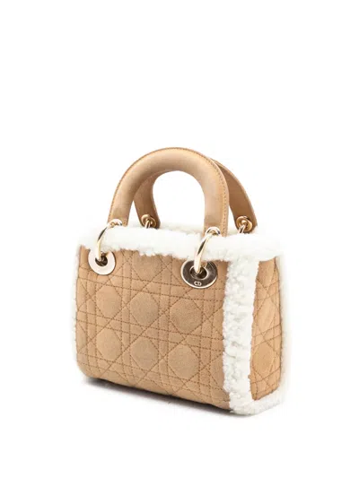 Pre-owned Dior 2000-2025 Mini Suede Cannage With Shearling Trim Lady  Satchel In Brown
