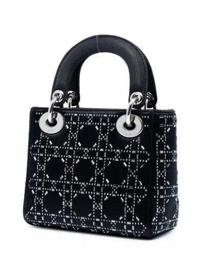 Pre-owned Dior 2017 Mini Satin Cannage Strass Crystal Embellished Lady  Satchel In Black