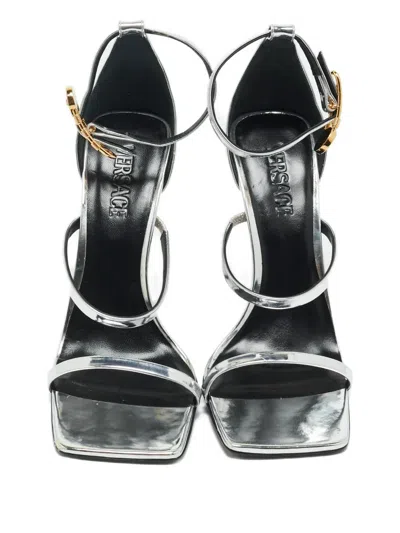 Pre-owned Versace Leather Safety-pin Sandals In Silver
