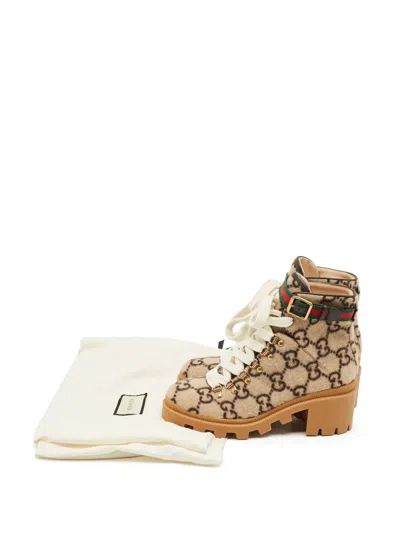 Pre-owned Gucci Sylvie Gg-patterned Ankle Boots In Neutral