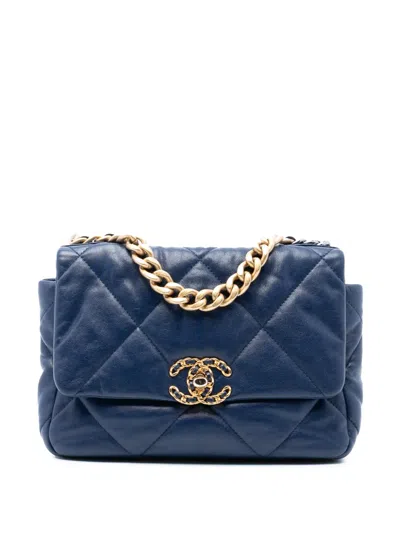 Pre-owned Chanel 2019 Medium Lambskin 19 Flap Satchel In Blue