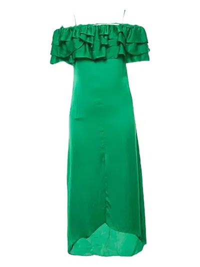 Pre-owned Maje Ruffled Satin Midi Dress In Green