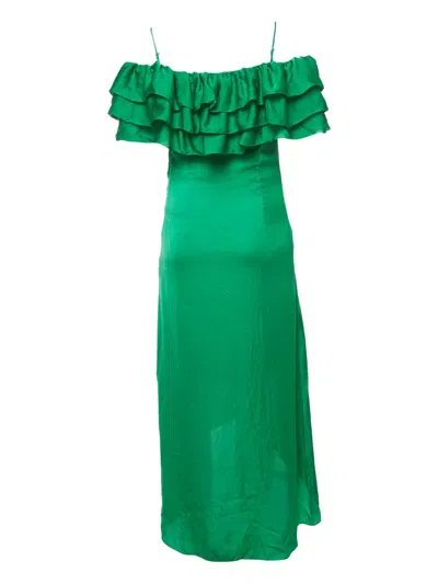 Pre-owned Maje Ruffled Satin Midi Dress In Green