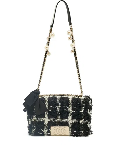 Pre-owned Carolina Herrera Vintage Pearl-embellished Tweed Shoulder Bag In Black