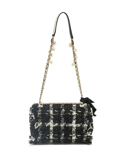 Pre-owned Carolina Herrera Vintage Pearl-embellished Tweed Shoulder Bag In Black