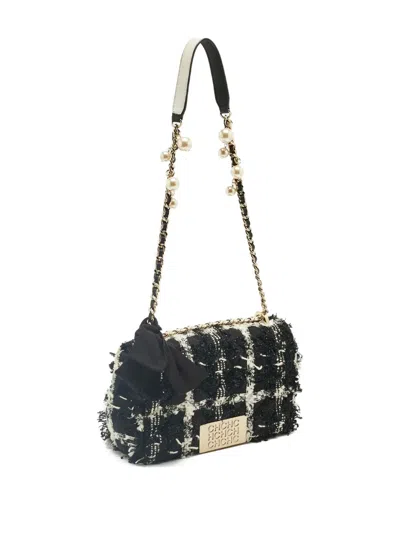 Pre-owned Carolina Herrera Vintage Pearl-embellished Tweed Shoulder Bag In Black