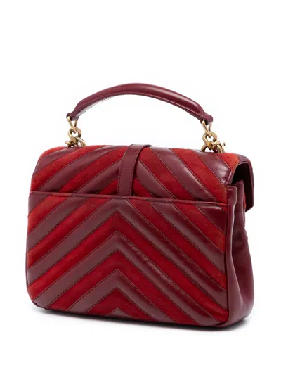 Pre-owned Saint Laurent 2017 Medium Calfskin And Suede Chevron Monogram College Satchel In Red