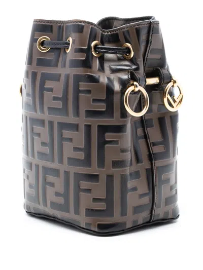 Pre-owned Fendi 2010-2025 Mini Zucca Embossed Leather Mon Tresor Bucket Bag Satchel In Brown