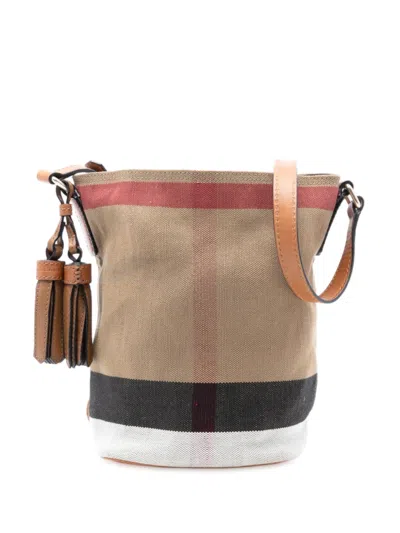 Pre-owned Burberry 2000-2017 Mini Mega Check Canvas Ashby Tassel Bucket Bag In Brown