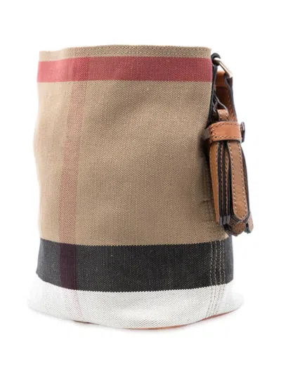 Pre-owned Burberry 2000-2017 Mini Mega Check Canvas Ashby Tassel Bucket Bag In Brown