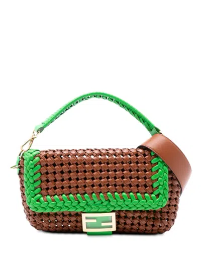 Pre-owned Fendi 2010-2025 Medium Woven Leather Baguette Bag Satchel In Brown