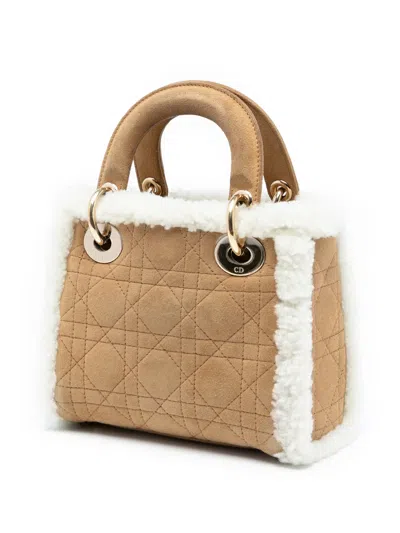 Pre-owned Dior 2010-2025 Mini Suede Cannage With Shearling Trim Lady  Satchel In Brown