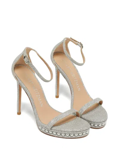 Pre-owned Stuart Weitzman Nudist Glitter Sandals In Silver