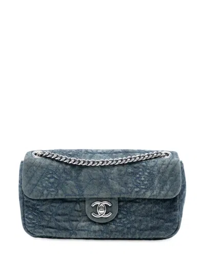 Pre-owned Chanel 2012 Medium Embroidered Denim Camellia Flap Shoulder Bag In Blue