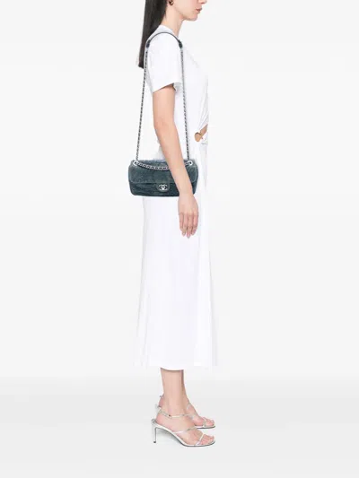 Pre-owned Chanel 2012 Medium Embroidered Denim Camellia Flap Shoulder Bag In Blue