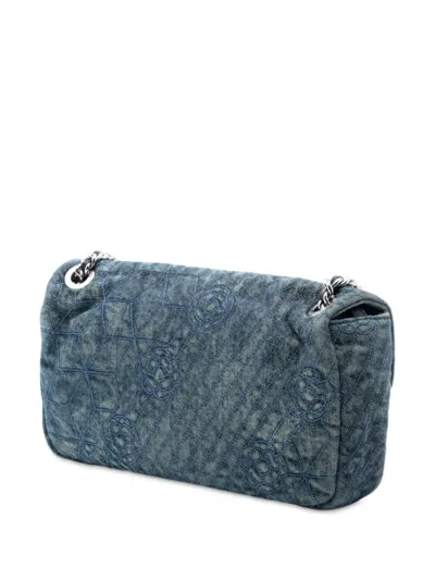 Pre-owned Chanel 2012 Medium Embroidered Denim Camellia Flap Shoulder Bag In Blue