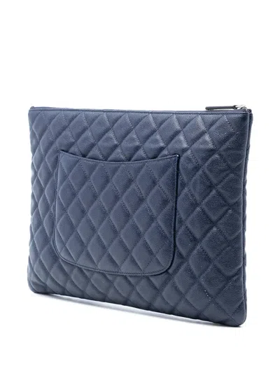 Pre-owned Chanel 2017-2018 Large Quilted Caviar O Case Clutch Bag In Blue