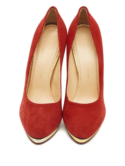 Pre-owned Charlotte Olympia Dolly Suede Pumps In Red