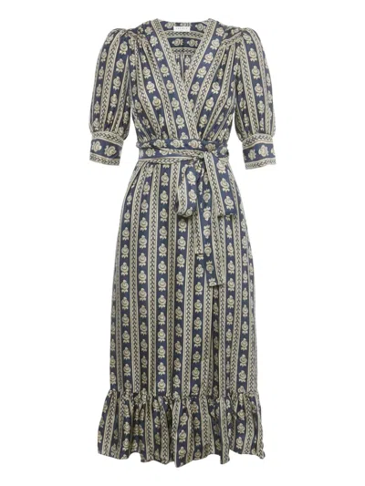 Pre-owned Sandro Wrap Silk Midi Dress In Blue