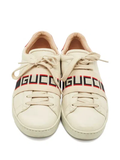 Pre-owned Gucci Ace Logo-detail Leather Sneakers In Neutral
