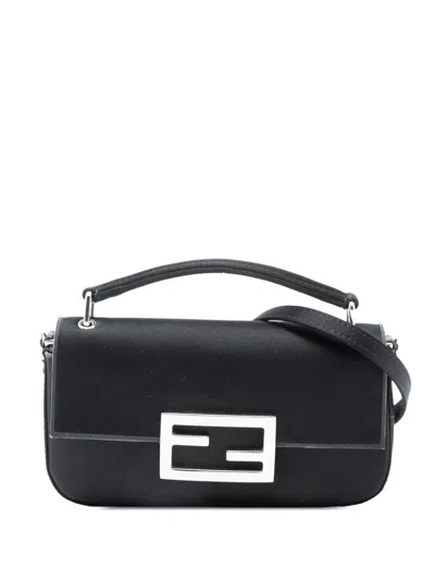 Pre-owned Fendi 2010-2025 Satin Baguette Phone Pouch Satchel In Black