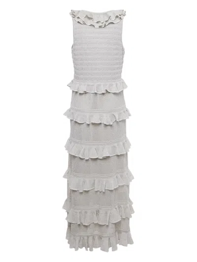 Pre-owned Zimmermann Frilled Tiered Midi Dress In Silver