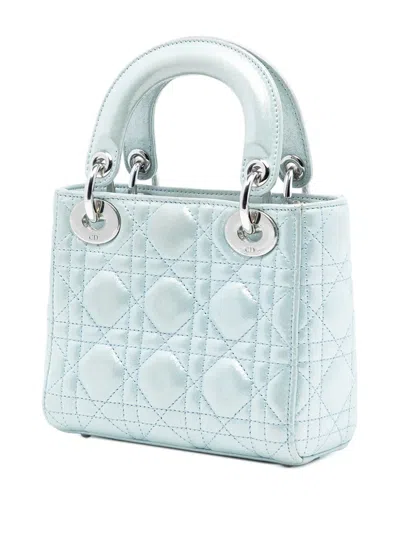 Pre-owned Dior 2015 Mini Iridescent Lambskin Cannage Lady  Satchel In Blue