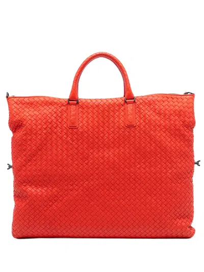 Pre-owned Bottega Veneta 2012-2025 Maxi Nappa Intrecciato Convertible Tote Travel Bag In Red
