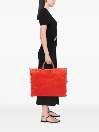 Pre-owned Bottega Veneta 2012-2025 Maxi Nappa Intrecciato Convertible Tote Travel Bag In Red