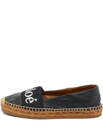 Pre-owned Chloé Leather Logo-printed Espadrilles In Black