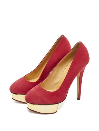 Pre-owned Charlotte Olympia Dolly Platform-heel Suede Pumps In Red