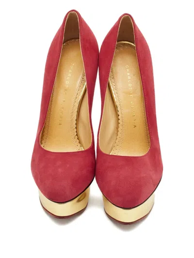 Pre-owned Charlotte Olympia Dolly Platform-heel Suede Pumps In Red