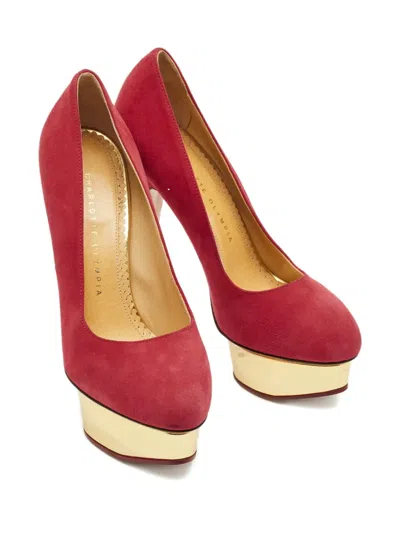 Pre-owned Charlotte Olympia Dolly Platform-heel Suede Pumps In Red