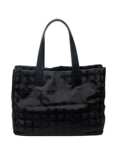Pre-owned Chanel 2005-2006 New Travel Line Logo Jacquard Tote Bag In Black