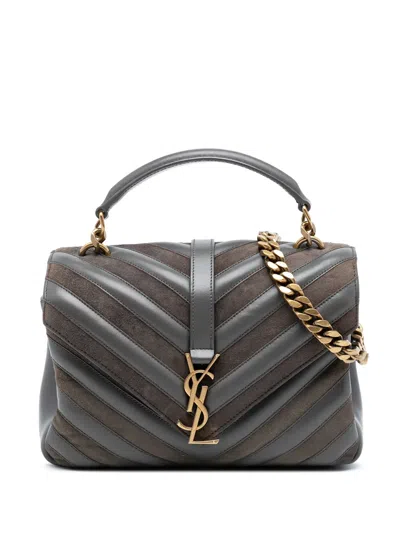 Pre-owned Saint Laurent 2017 Medium Calfskin And Suede Chevron Monogram College Satchel In Gray