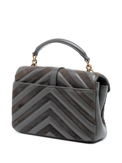 Pre-owned Saint Laurent 2017 Medium Calfskin And Suede Chevron Monogram College Satchel In Gray