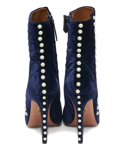 Pre-owned Aquazzura Follie Pearls Velvet Ankle Boots In Blue