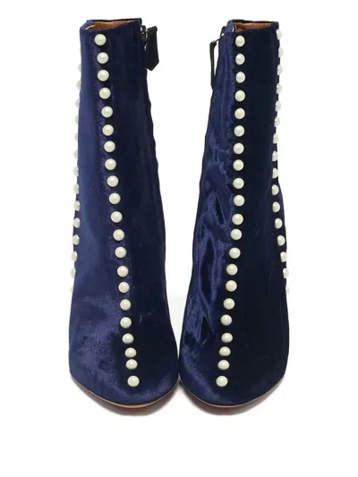 Pre-owned Aquazzura Follie Pearls Velvet Ankle Boots In Blue