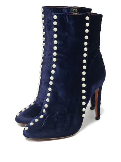 Pre-owned Aquazzura Follie Pearls Velvet Ankle Boots In Blue