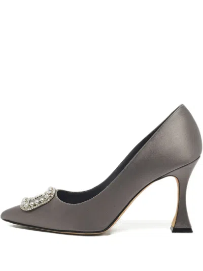 Pre-owned Manolo Blahnik Fabeta Satin Embellishment Pumps In Gray