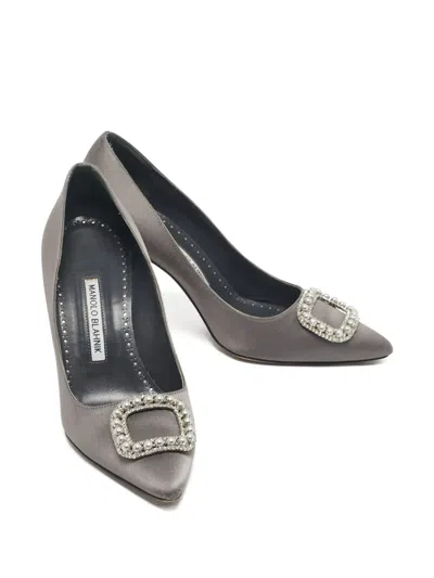 Pre-owned Manolo Blahnik Fabeta Satin Embellishment Pumps In Gray